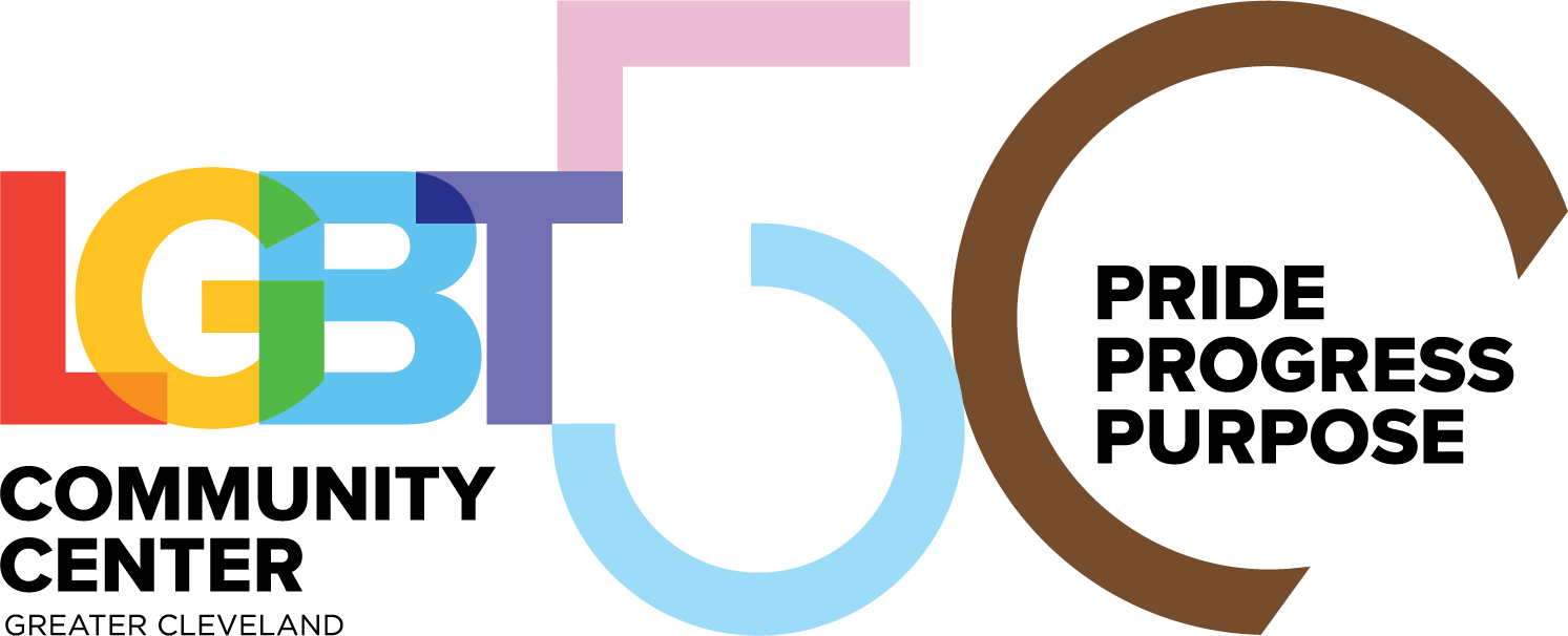 LGBT Center logo celebrating 50 years. Pride, Progress, Purpose.